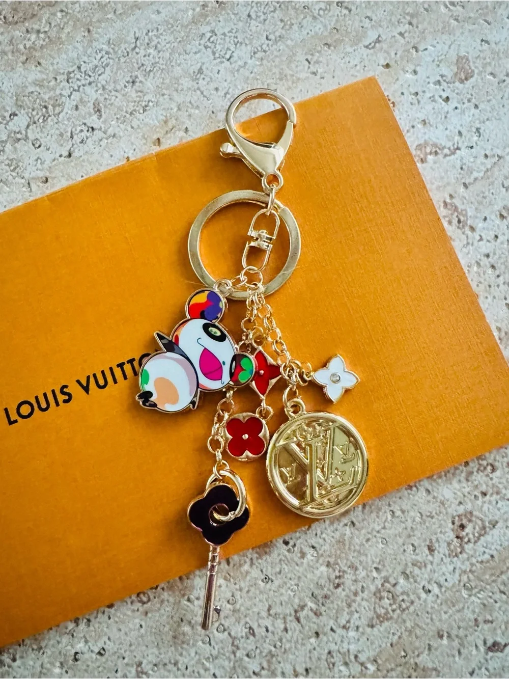 LV RARE Murakami Stamped Hardware & Fashion Accents on Gold Key Chain/Bag Charm